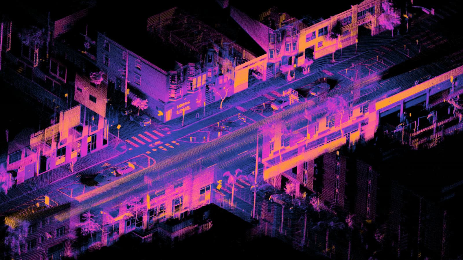 Lidar point cloud of a San Francisco street intersection.