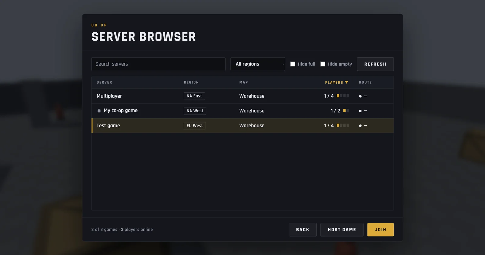 Net Shooter's server browser listing three open games with region, map and player count